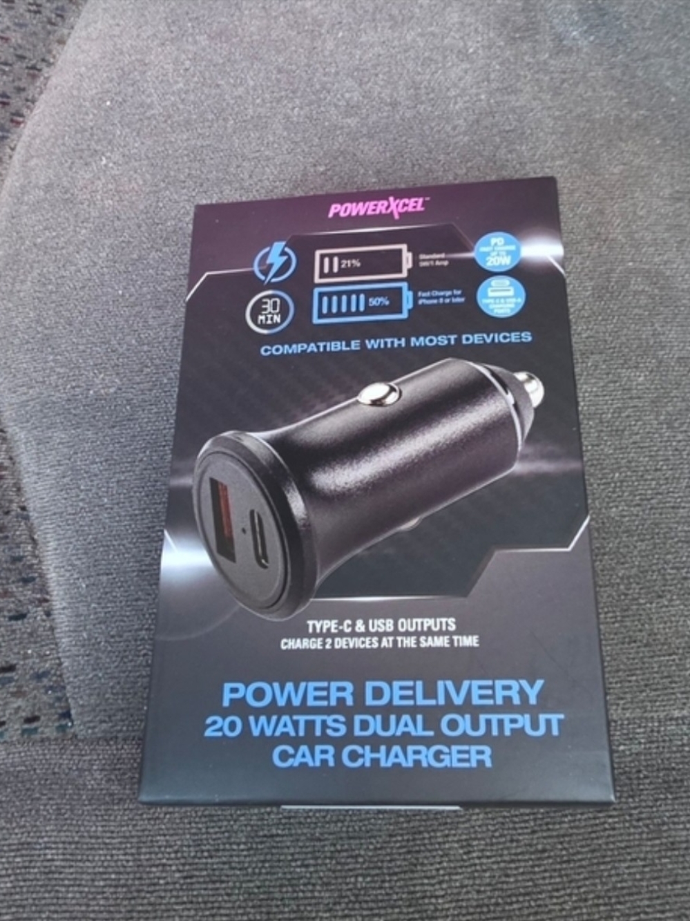 PowerExcel 20W Dual-Output Car Charger – USB & Type C Outputs BNIB
